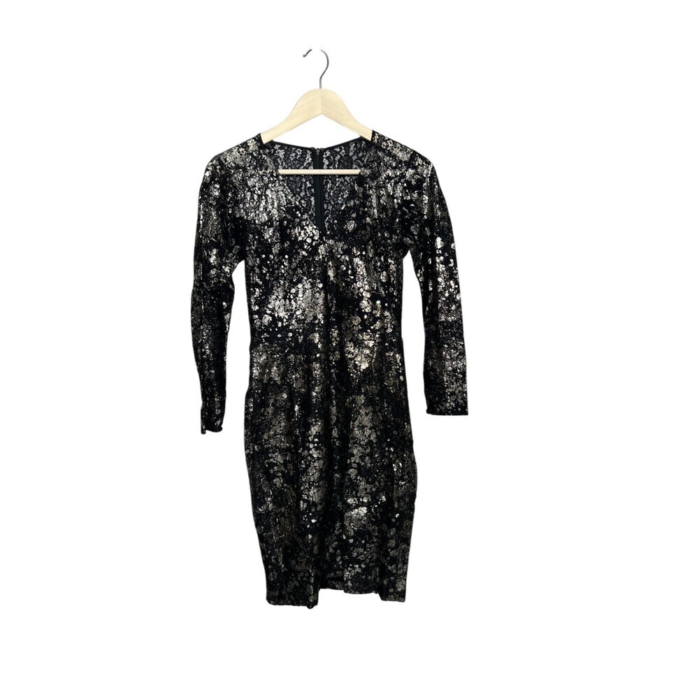 Lela Rose Womens Sheath Dress Black Silver Metallic Lace Size 4 Glam Night Out - Picture 2 of 8